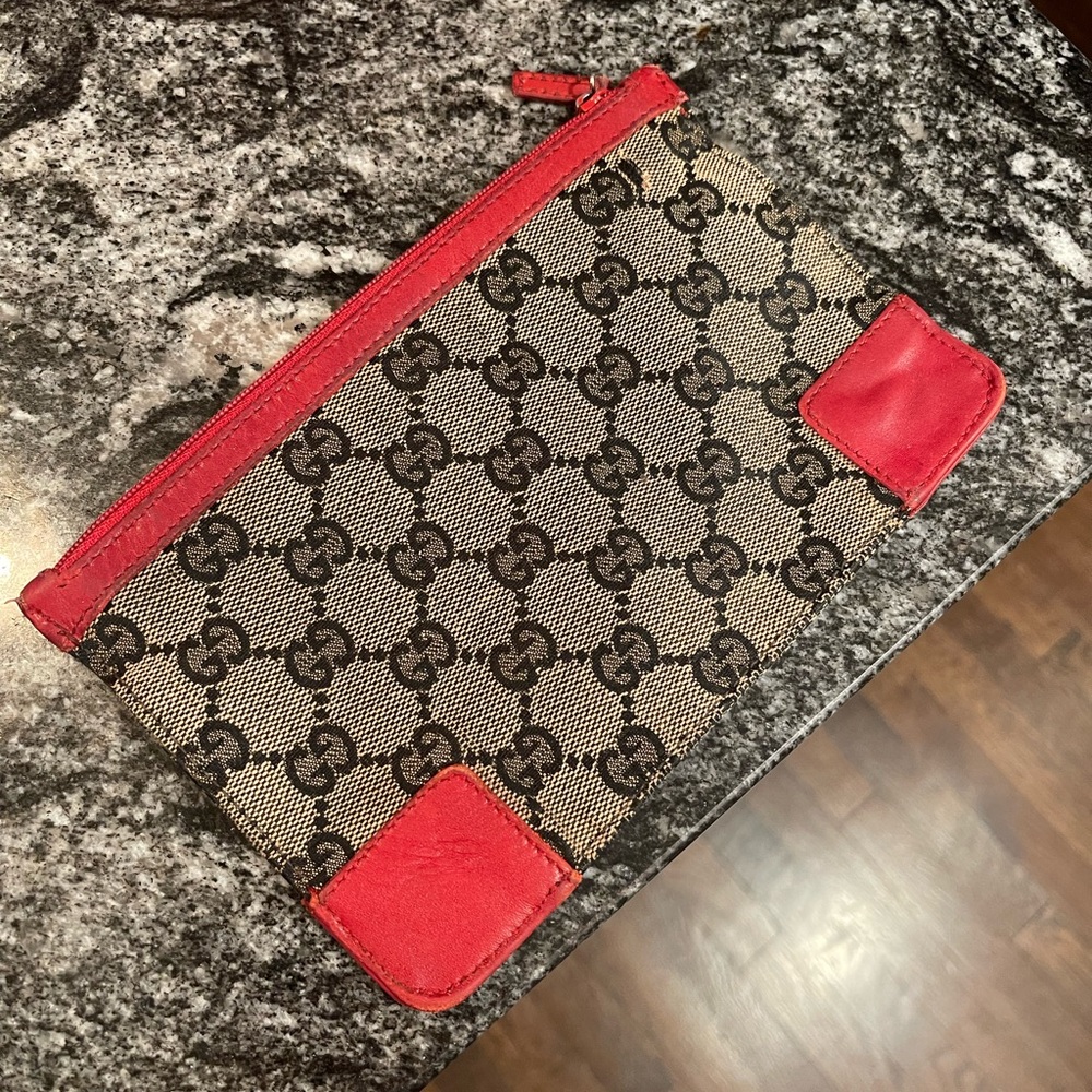 Gucci Beige and Red Monogram Clutch